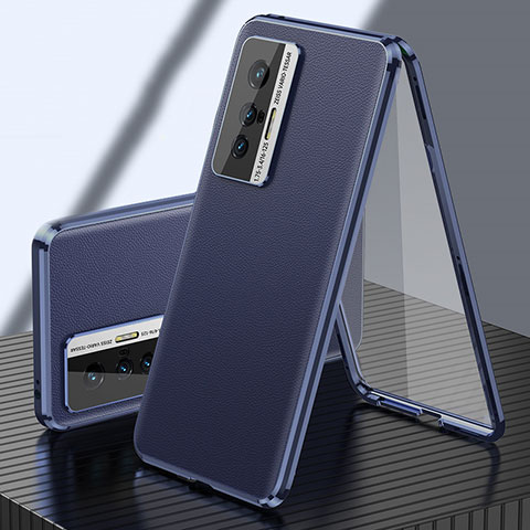 Coque Luxe Aluminum Metal et Cuir Housse Etui 360 Degres pour Vivo X70t Bleu