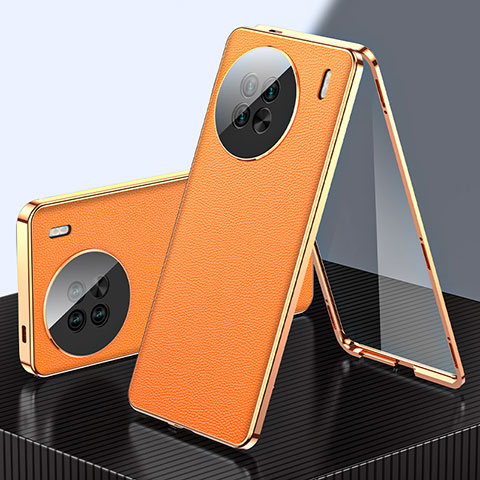 Coque Luxe Aluminum Metal et Cuir Housse Etui 360 Degres pour Vivo X90 5G Orange