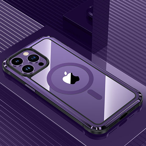 Coque Luxe Aluminum Metal Housse et Bumper Silicone Etui avec Mag-Safe Magnetic Magnetique QC1 pour Apple iPhone 14 Pro Violet