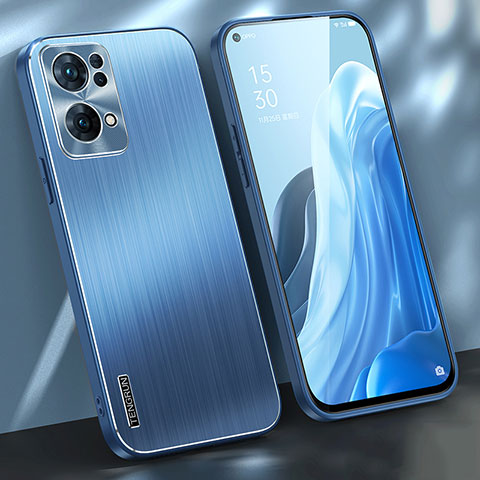 Coque Luxe Aluminum Metal Housse et Bumper Silicone Etui J01 pour Oppo Reno7 Pro 5G Bleu