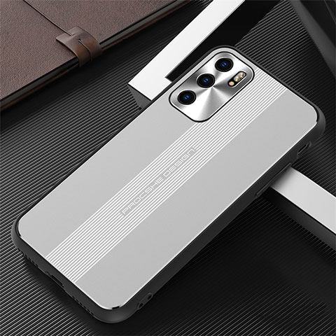 Coque Luxe Aluminum Metal Housse et Bumper Silicone Etui J02 pour Oppo Reno6 5G Argent