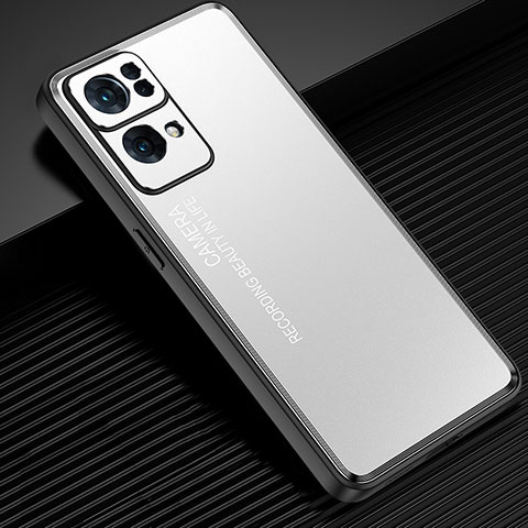 Coque Luxe Aluminum Metal Housse et Bumper Silicone Etui J02 pour Oppo Reno7 Pro 5G Argent