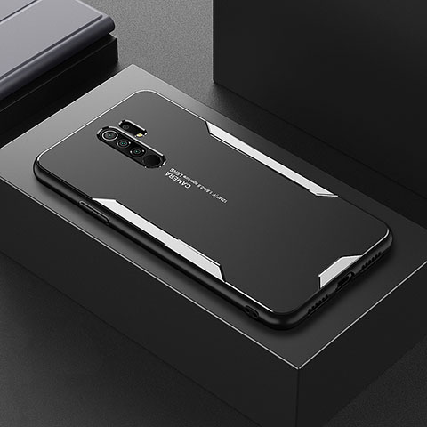 Coque Luxe Aluminum Metal Housse et Bumper Silicone Etui pour Xiaomi Redmi 9 Prime India Argent