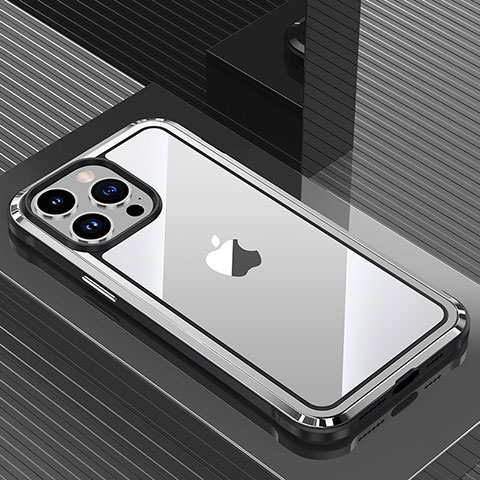 Coque Luxe Aluminum Metal Housse et Bumper Silicone Etui QC1 pour Apple iPhone 14 Pro Argent