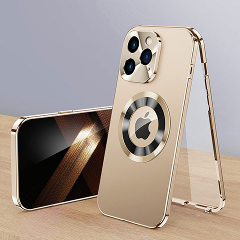 Coque Luxe Aluminum Metal Housse Etui 360 Degres avec Mag-Safe Magnetic Magnetique P01 pour Apple iPhone 14 Pro Max Or