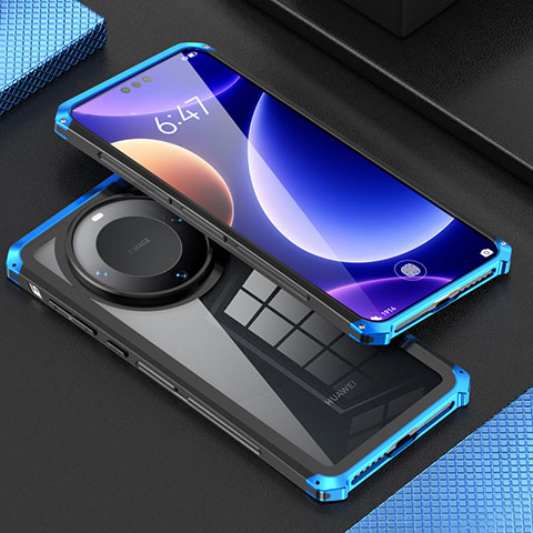 Coque Luxe Aluminum Metal Housse Etui 360 Degres P01 pour Huawei Mate 60 Pro Bleu et Noir