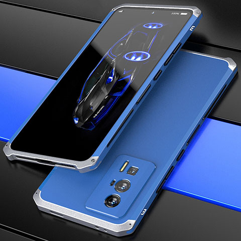 Coque Luxe Aluminum Metal Housse Etui 360 Degres P01 pour Xiaomi Redmi K60 5G Argent et Bleu