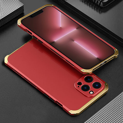 Coque Luxe Aluminum Metal Housse Etui 360 Degres pour Apple iPhone 13 Pro Max Or et Rouge