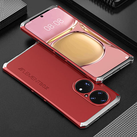 Coque Luxe Aluminum Metal Housse Etui 360 Degres pour Huawei P50 Argent et Rouge