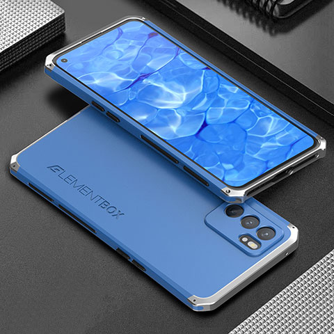 Coque Luxe Aluminum Metal Housse Etui 360 Degres pour Oppo Reno6 5G Argent et Bleu