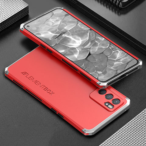 Coque Luxe Aluminum Metal Housse Etui 360 Degres pour Oppo Reno6 5G Argent et Rouge