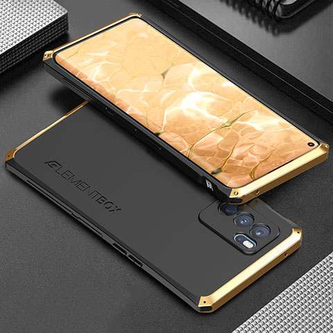 Coque Luxe Aluminum Metal Housse Etui 360 Degres pour Oppo Reno6 Pro 5G India Or et Noir