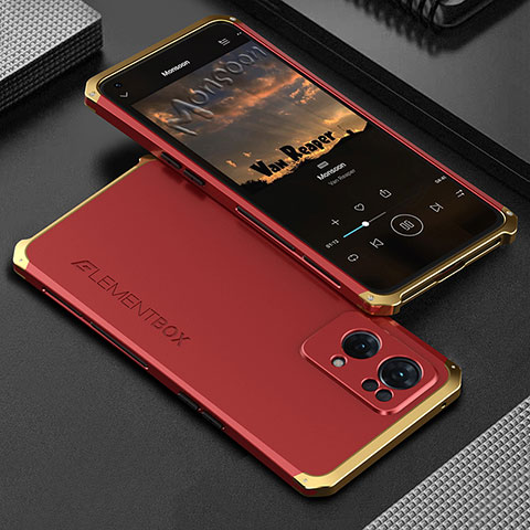 Coque Luxe Aluminum Metal Housse Etui 360 Degres pour Oppo Reno7 Pro 5G Or et Rouge