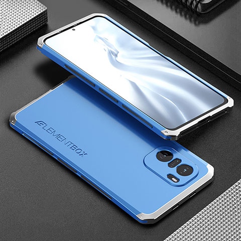 Coque Luxe Aluminum Metal Housse Etui 360 Degres pour Xiaomi Poco F3 5G Argent et Bleu