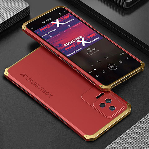 Coque Luxe Aluminum Metal Housse Etui 360 Degres pour Xiaomi Poco F4 5G Or et Rouge