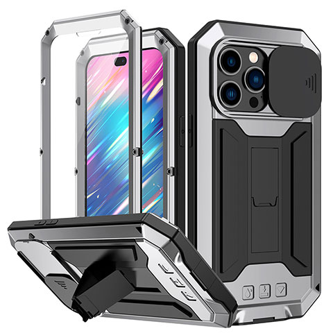 Coque Luxe Aluminum Metal Housse Etui 360 Degres RJ1 pour Apple iPhone 15 Pro Max Argent