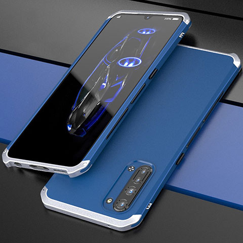 Coque Luxe Aluminum Metal Housse Etui pour Oppo Reno3 Argent et Bleu