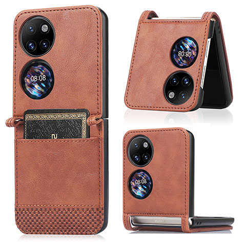 Coque Luxe Cuir et Plastique Housse Etui Mat BY3 pour Huawei P60 Pocket Marron