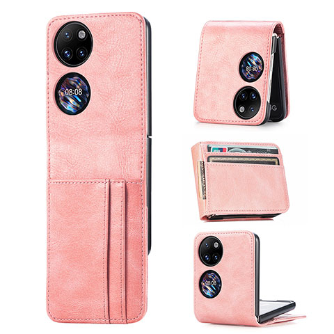 Coque Luxe Cuir et Plastique Housse Etui Mat SD4 pour Huawei P50 Pocket Or Rose