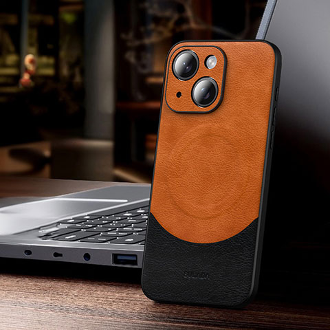 Coque Luxe Cuir Housse Etui avec Mag-Safe Magnetic Magnetique LD4 pour Apple iPhone 14 Orange