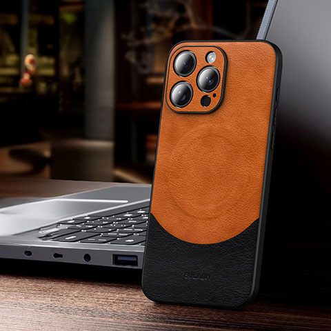 Coque Luxe Cuir Housse Etui avec Mag-Safe Magnetic Magnetique LD4 pour Apple iPhone 14 Pro Max Orange