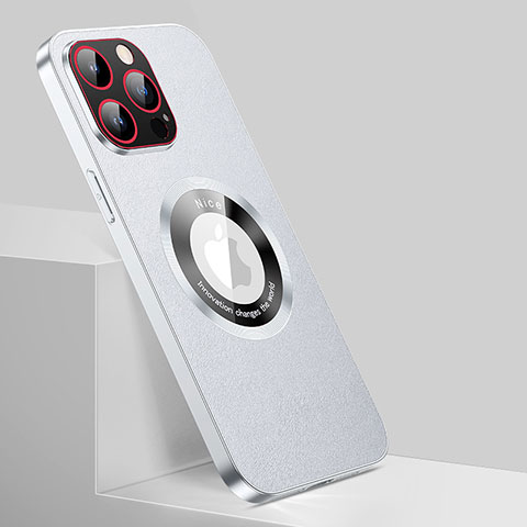 Coque Luxe Cuir Housse Etui avec Mag-Safe Magnetic Magnetique QC1 pour Apple iPhone 15 Pro Max Argent