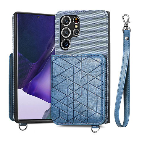 Coque Luxe Cuir Housse Etui S02D pour Samsung Galaxy S21 Ultra 5G Bleu