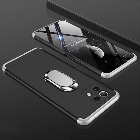 Coque Plastique Housse Etui Rigide Mat avec Support Bague Anneau Aimante Magnetique P02 pour Xiaomi Mi 11 5G Argent et Noir