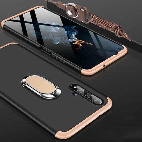 Coque Plastique Mat Protection Integrale 360 Degres Avant et Arriere Etui Housse avec Support Bague Anneau pour Huawei Honor 20 Or et Noir