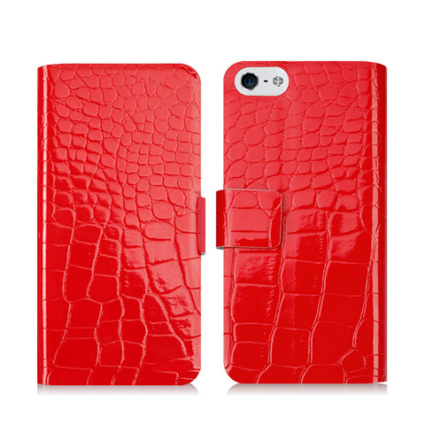 Coque Portefeuille Cuir Crocodile pour Apple iPhone 5S Rouge