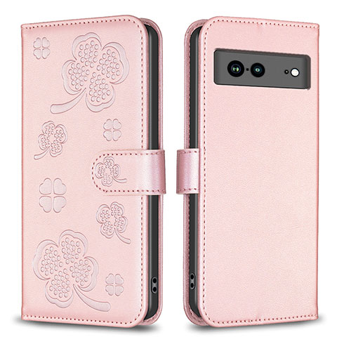 Coque Portefeuille Fleurs Livre Cuir Etui Clapet BF1 pour Google Pixel 7a 5G Or Rose