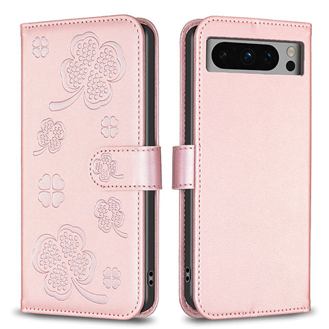 Coque Portefeuille Fleurs Livre Cuir Etui Clapet BF1 pour Google Pixel 8 Pro 5G Or Rose