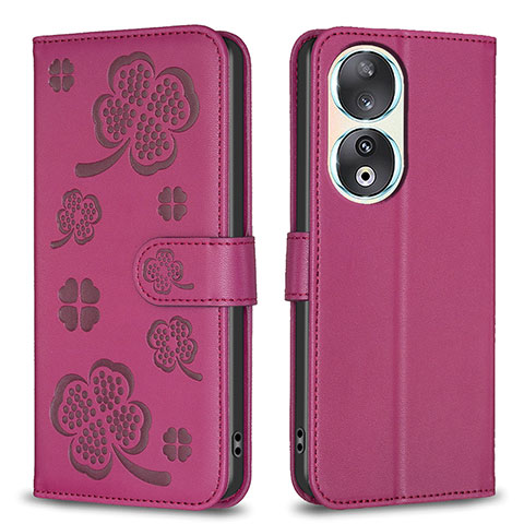 Coque Portefeuille Fleurs Livre Cuir Etui Clapet BF1 pour Huawei Honor 90 5G Rose Rouge