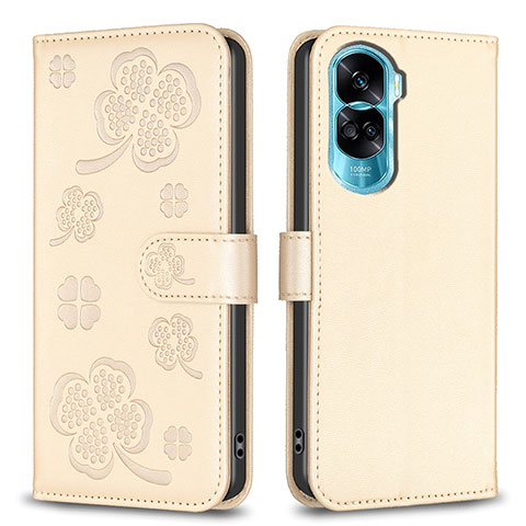 Coque Portefeuille Fleurs Livre Cuir Etui Clapet BF1 pour Huawei Honor 90 Lite 5G Or