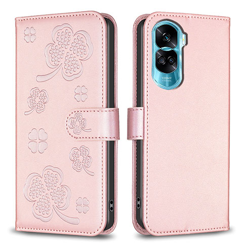 Coque Portefeuille Fleurs Livre Cuir Etui Clapet BF1 pour Huawei Honor 90 Lite 5G Or Rose