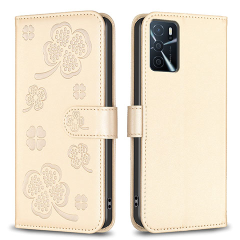 Coque Portefeuille Fleurs Livre Cuir Etui Clapet BF1 pour Oppo A16 Or