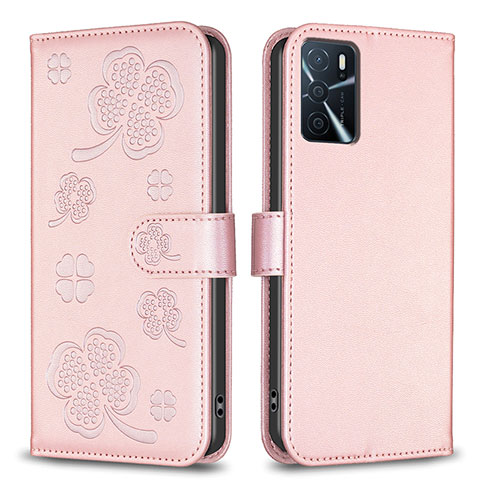 Coque Portefeuille Fleurs Livre Cuir Etui Clapet BF1 pour Oppo A16 Or Rose