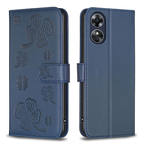 Coque Portefeuille Fleurs Livre Cuir Etui Clapet BF1 pour Oppo A17 Bleu