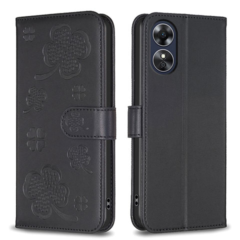 Coque Portefeuille Fleurs Livre Cuir Etui Clapet BF1 pour Oppo A17 Noir