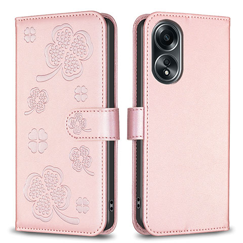 Coque Portefeuille Fleurs Livre Cuir Etui Clapet BF1 pour Oppo A18 Or Rose