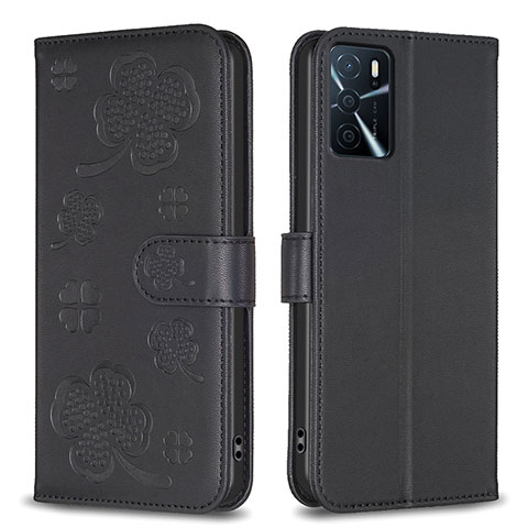 Coque Portefeuille Fleurs Livre Cuir Etui Clapet BF1 pour Oppo A54s Noir