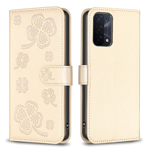 Coque Portefeuille Fleurs Livre Cuir Etui Clapet BF1 pour Oppo A74 5G Or