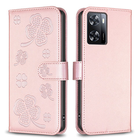 Coque Portefeuille Fleurs Livre Cuir Etui Clapet BF1 pour Oppo A77s Or Rose