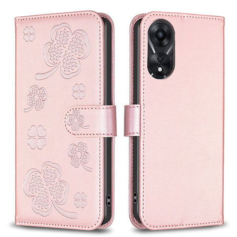 Coque Portefeuille Fleurs Livre Cuir Etui Clapet BF1 pour Oppo A78 5G Or Rose