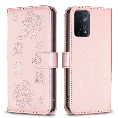 Coque Portefeuille Fleurs Livre Cuir Etui Clapet BF1 pour Oppo A93 5G Or Rose