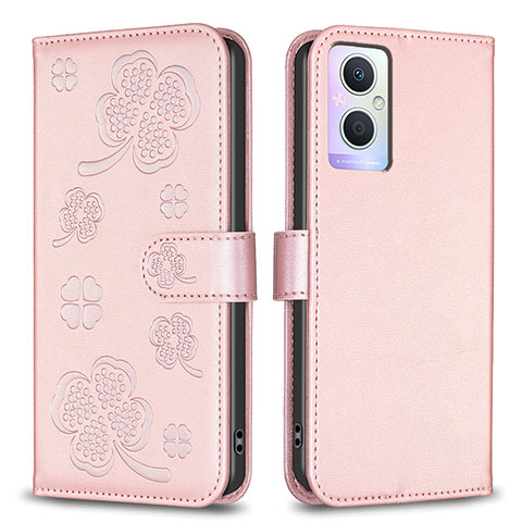 Coque Portefeuille Fleurs Livre Cuir Etui Clapet BF1 pour Oppo A96 5G Or Rose