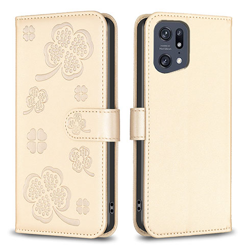 Coque Portefeuille Fleurs Livre Cuir Etui Clapet BF1 pour Oppo Find X5 Pro 5G Or