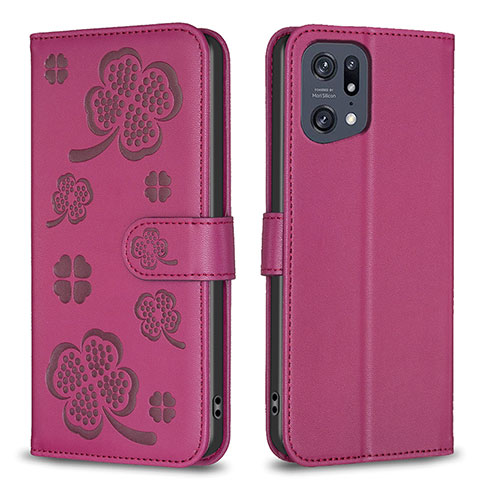 Coque Portefeuille Fleurs Livre Cuir Etui Clapet BF1 pour Oppo Find X5 Pro 5G Rose Rouge