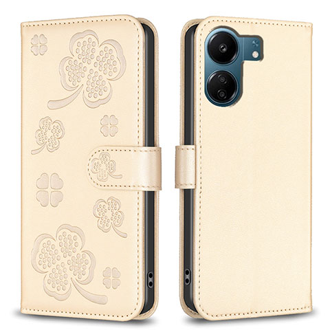 Coque Portefeuille Fleurs Livre Cuir Etui Clapet BF1 pour Xiaomi Poco C65 Or