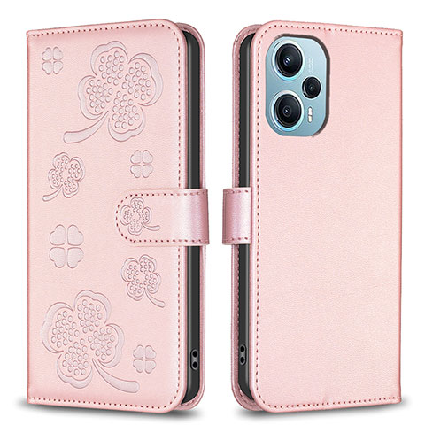 Coque Portefeuille Fleurs Livre Cuir Etui Clapet BF1 pour Xiaomi Poco F5 5G Or Rose